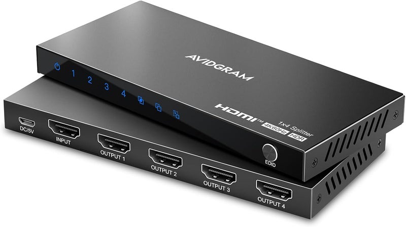 AVIDGRAM HDMI Splitter 1 in 4 Out 4K 60Hz 4:4:4, HDMI 4 Port Splitter with Copy, Downscaler, and Auto Mode for Four Identical Display Support 1080p 120Hz HDCP 2.2 HDR10 18Gbps 3D (Mirror Only) - Image 1